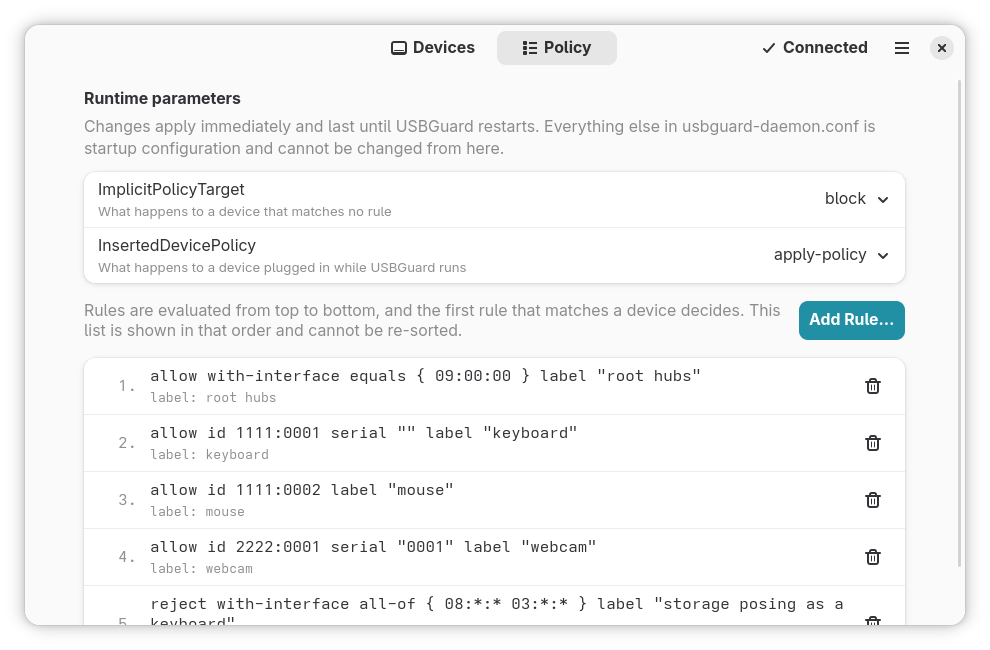 The Policy page: runtime parameters above, the numbered rules below