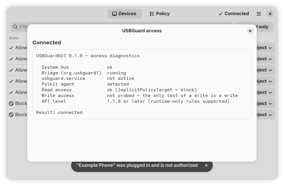 The diagnostics dialog: each check and its result